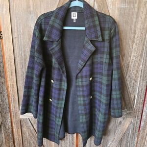 Anne Klein Sweater Women's Size XL Green Blue Black Plaid Open Cardigan Buttons